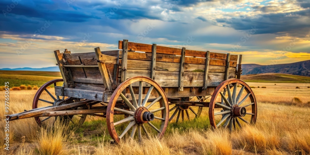 Fototapeta premium Rusty and decaying wooden wagon abandoned in a field