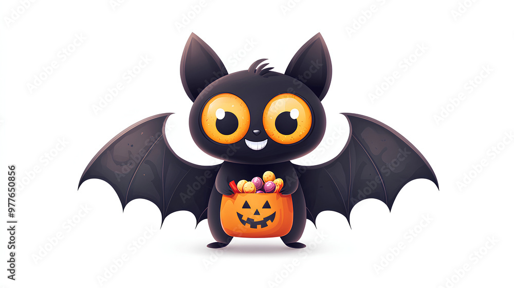 A cartoon bat holding a Halloween basket. The bat is smiling and has a happy expression. The basket is filled with candy, which adds to the festive mood of the image A cartoon bat holding a Halloween basket. The bat is smiling and has a happy expression. The basket is filled with candy, which adds to the festive mood of the image