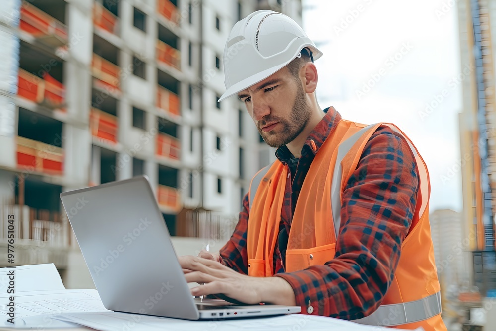 Civil engineer using touchpad during inspection at construction site. Civil engineer using touchpad during inspection at construction site.