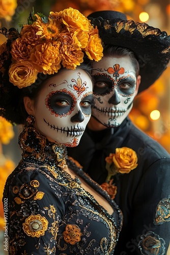 Una pareja joven disfrazados como calaveras Catrin y Catrina en el dia de muertos, usan ropa negra antigua y flores de cempasúchil. Festejos en Mexico de otoño  photo