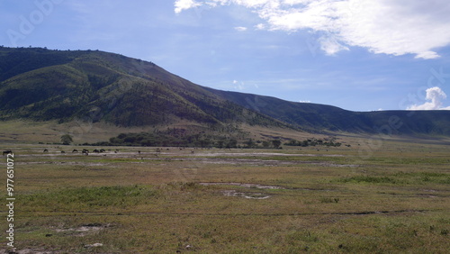 Magnifique paysage de Tanzanie, avec la savane qui s'étend à perte de vue. Et les montagnes en fond. photo