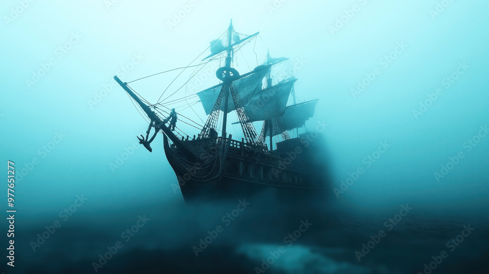 A vintage sailing ship with tall masts and sails emerges from dense fog ...