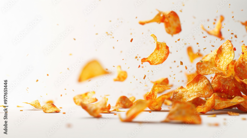 Fototapeta premium Peri Peri Fruit chips, crispy, falling on a plain white background. Hyperrealistic, cinematic and high quality
