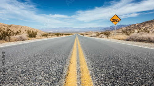 Endless Desert Road Stretching to the Horizon with a 2025 Sign on the Right, Symbolizing a New Path for the New Year