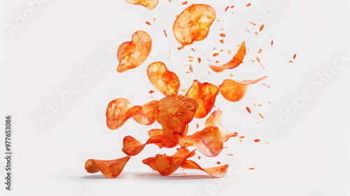 Peri Peri Fruit chips, crispy, falling on a plain white background. Hyperrealistic, cinematic and high quality