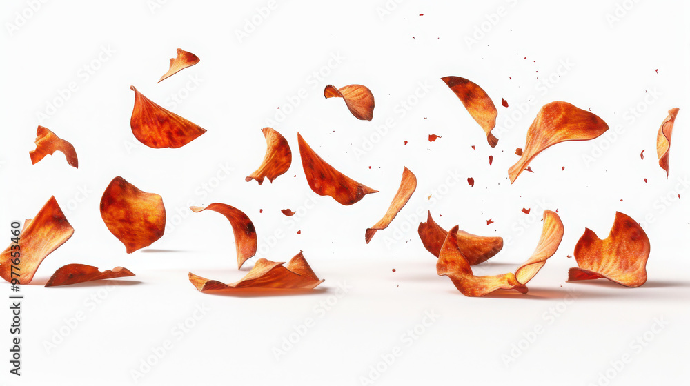 Peri Peri Fruit chips, crispy, falling on a plain white background. Hyperrealistic, cinematic and high quality Peri Peri Fruit chips, crispy, falling on a plain white background. Hyperrealistic, cinematic and high quality