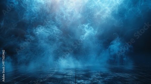 Abstract white smoke on a dark background, with blue water and a black wood floor. Abstract motion of a dancing figure. Vector illustration with a dynamic effect, like a photo or film. 