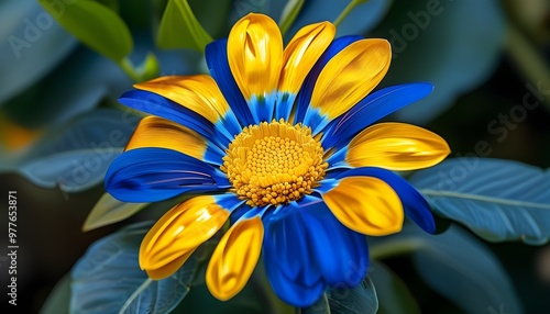 Vibrant flower with gold and blue petals nestled among lush green leaves featuring a striking golden center photo