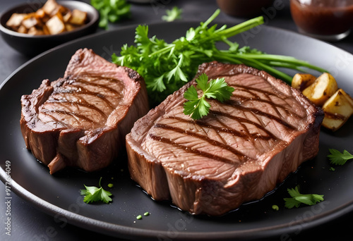 Juicy medium-rare grilled steak served on a black plate with fresh parsley, accompanied by a fork, on a dark textured background. 