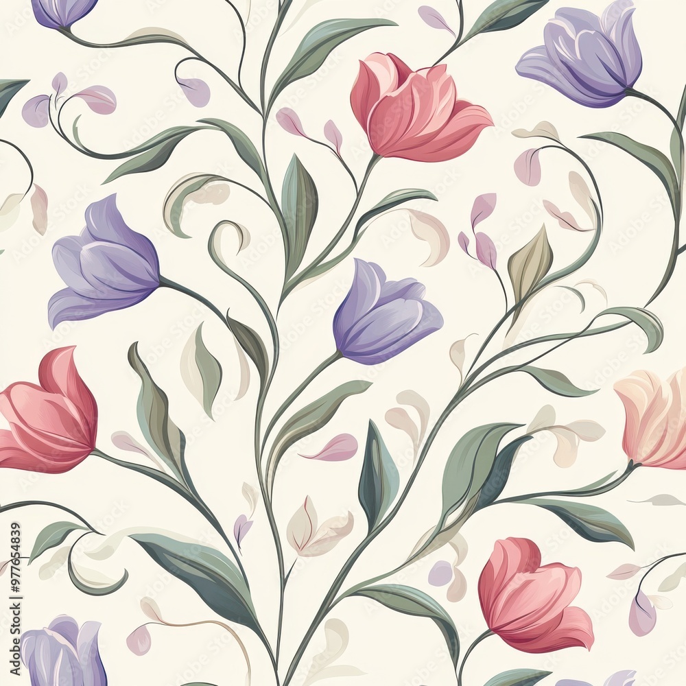 A floral pattern with purple, pink, and white flowers A floral pattern with purple, pink, and white flowers