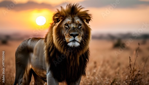 Majestic lion gazes directly at the camera in a sunlit field, showcasing the beauty of nature and wildlife.