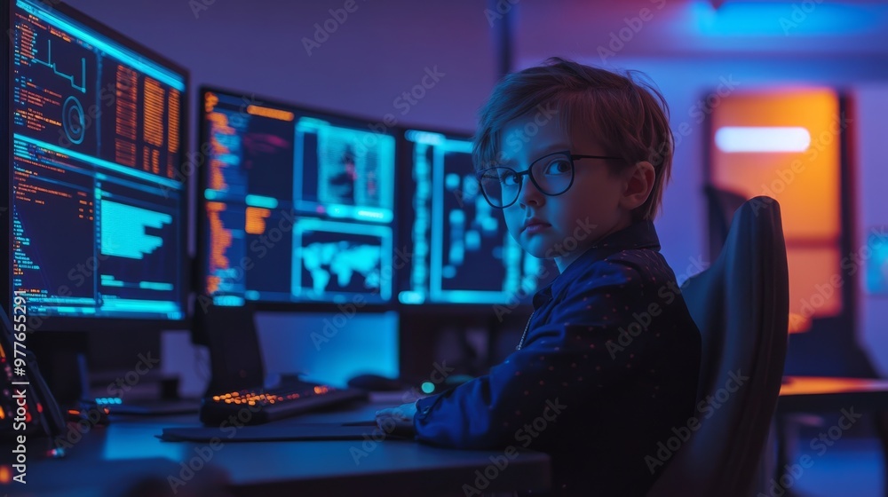 Portrait of child dressed as a cybersecurity analyst, monitoring network security on multiple screens with a dark tech setting. Portrait of child dressed as a cybersecurity analyst, monitoring network security on multiple screens with a dark tech setting.