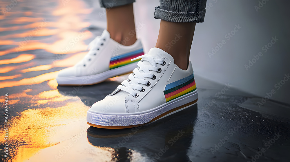 the woman is wearing all white shoes with rainbow stripes, the woman is wearing all white shoes with rainbow stripes,