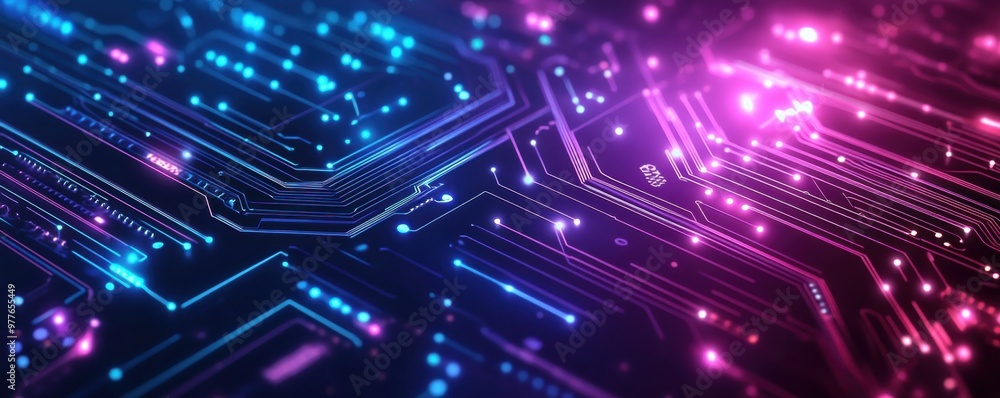 Obraz premium Abstract background featuring purple and blue circuitry pattern with glowing digital elements