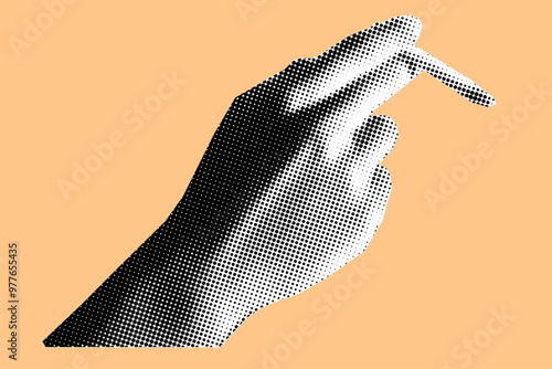 close up of hand holding cigarette pixelate color halftone dotted texture style collage element isolated on orange background