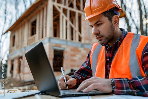 Civil engineer using touchpad during inspection at construction site.