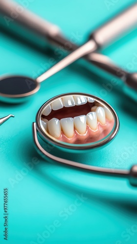 Close-up of dental tools and a mirror reflecting teeth on a turquoise surface. Ideal for dental health and hygiene concepts. photo