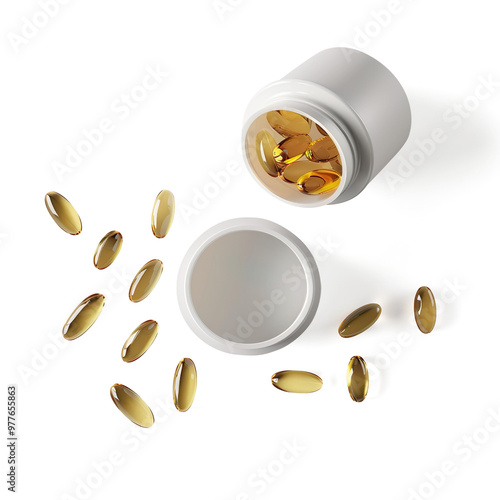 White Container with Yellow Gel Capsules on a transparent background photo