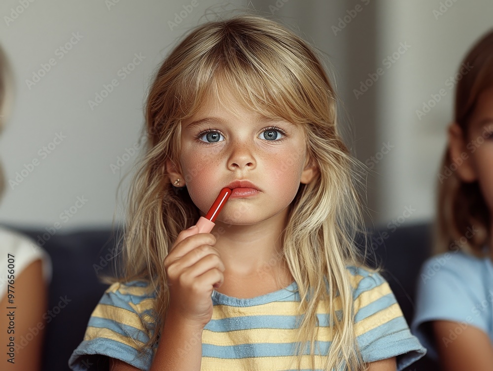A Blonde Girl Holds a Lipstick and Looks Thoughtfully at the Camera with a Blurred Friend in the Background