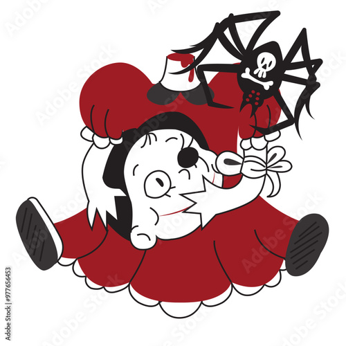 Halloween creepy doll with spider on shoulder. Vector illustration isolated on white background.