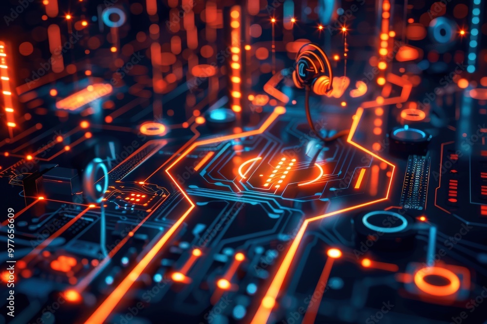 A pair of headphones is placed on a computer circuit board,generative ai image A pair of headphones is placed on a computer circuit board,generative ai image