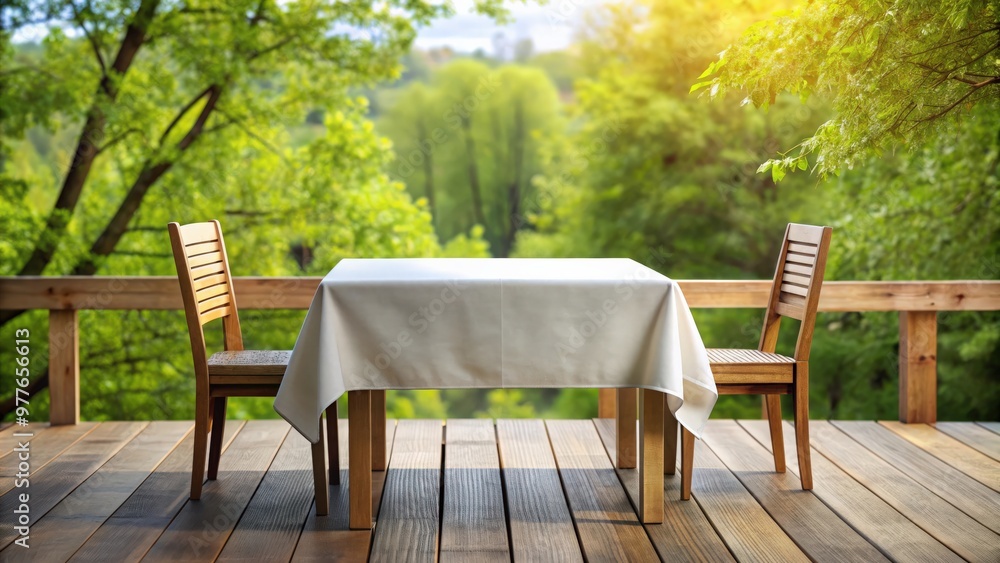 Empty wooden deck table with a white tablecloth set up for outdoor dining Empty wooden deck table with a white tablecloth set up for outdoor dining