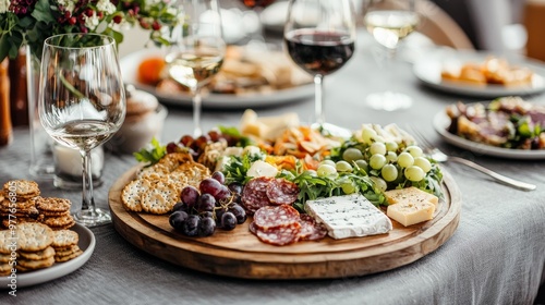 A Glass of White Wine Focuses on a Gourmet Cheese and Salami Board with Grapes and Crackers