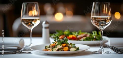 A LowAngle Perspective of a Fresh Salad Two Glasses of Wine and Silverware on a White Tablecloth in a Restaurant Setting