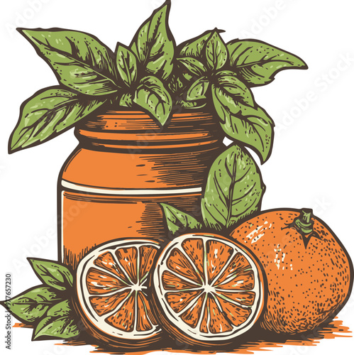 Vector Illustration of Oranges and Fresh Basil Leaves