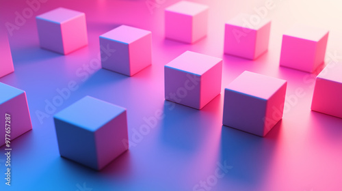 3D blocks with soft, rounded edges, arranged in a staggered pattern, casting long shadows across a monochromatic gradient background.