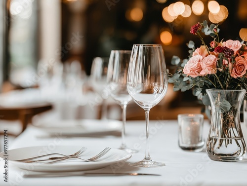 A single wine glass in focus set on a white tablecloth with a bouquet of roses and warm bokeh in the background