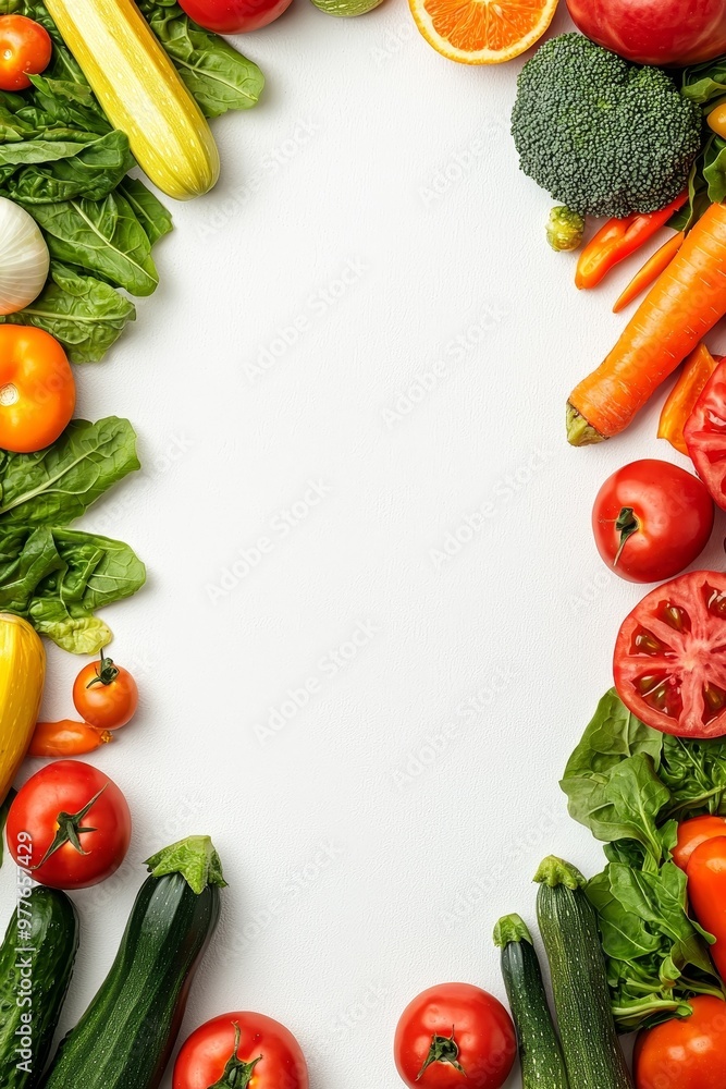 A Vibrant Harvest Fresh Produce Arranged in a Symmetrical Frame on a White Background Evoking a Sense of Abundance and Health A Vibrant Harvest Fresh Produce Arranged in a Symmetrical Frame on a White Background Evoking a Sense of Abundance and Health