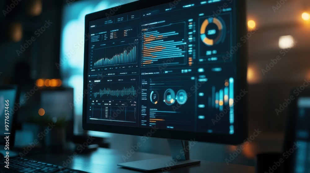 Computer monitor displaying an abstract network monitoring dashboard with real-time data analytics, graphs Computer monitor displaying an abstract network monitoring dashboard with real-time data analytics, graphs