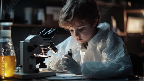 Portrait of child dressed as a forensic scientist, analyzing evidence under a microscope, in a laboratory setting. photo