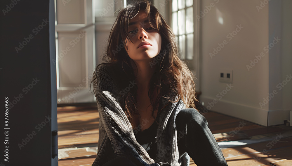 Sad young woman sitting on floor at home Sad young woman sitting on floor at home