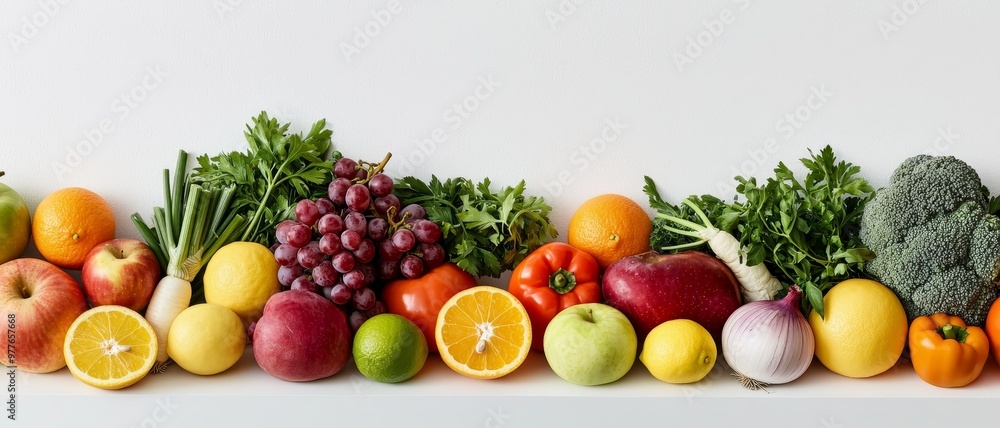 A Vibrant Still Life of Fresh Produce on a White Background Featuring Grapes Citrus Fruits and Vegetables A Vibrant Still Life of Fresh Produce on a White Background Featuring Grapes Citrus Fruits and Vegetables