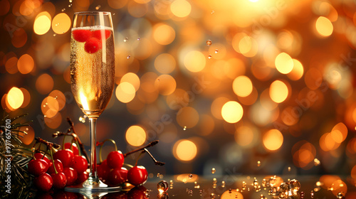 Sparkling Beverage With Cherries Celebration During Evening With Festive Lights in the Background