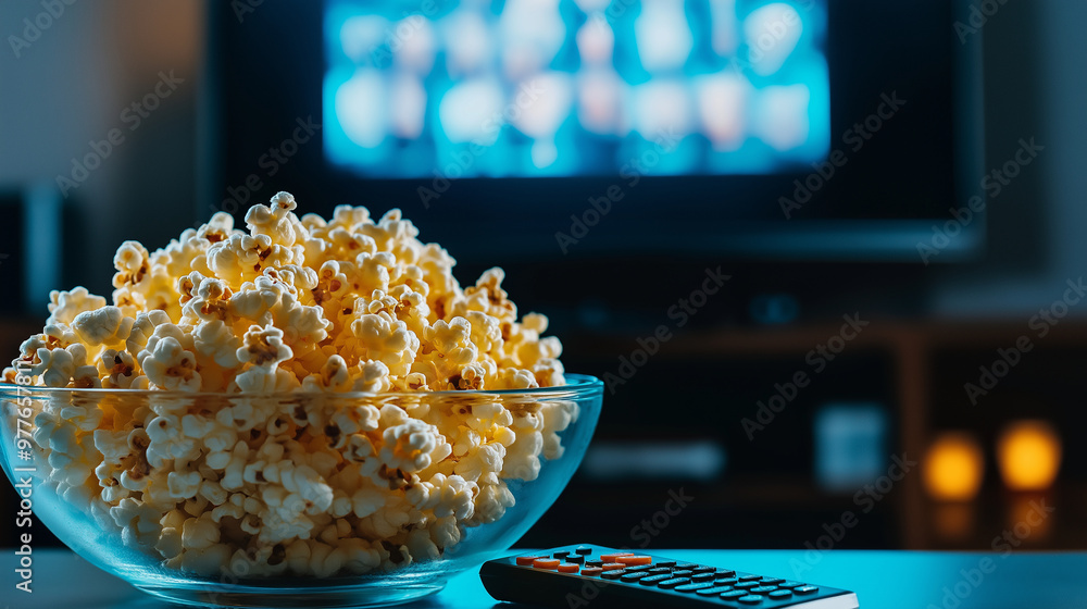 Golden popcorn overflowing from a glass bowl, the remote casually resting beside it, with a brightly lit TV screen showing the opening credits of a new film. Golden popcorn overflowing from a glass bowl, the remote casually resting beside it, with a brightly lit TV screen showing the opening credits of a new film.
