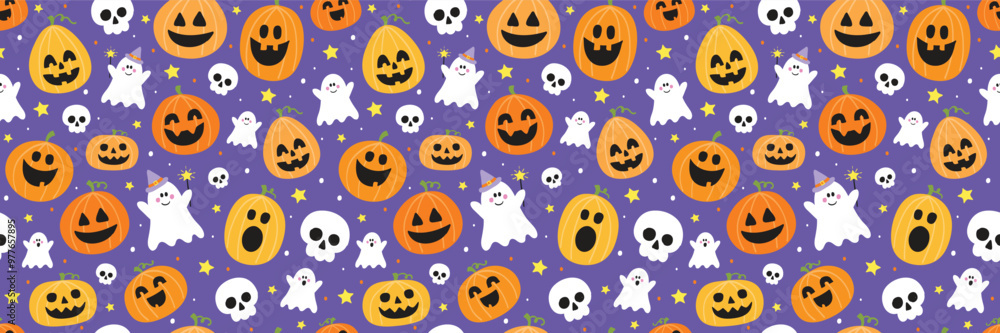 Cute Halloween background with hand drawn pumpkins, ghosts and skulls. Seamless pattern. Banner. Vector illustration Cute Halloween background with hand drawn pumpkins, ghosts and skulls. Seamless pattern. Banner. Vector illustration