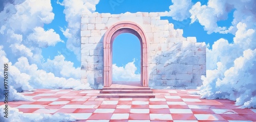 A surreal scene featuring a pink archway in fluffy clouds and a vibrant checkered floor, evoking a dreamy atmosphere. photo