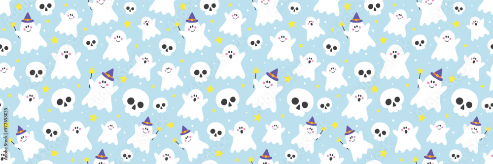 Halloween background. Seamless texture with cute ghosts and skulls. Banner. Vector illustration Halloween background. Seamless texture with cute ghosts and skulls. Banner. Vector illustration