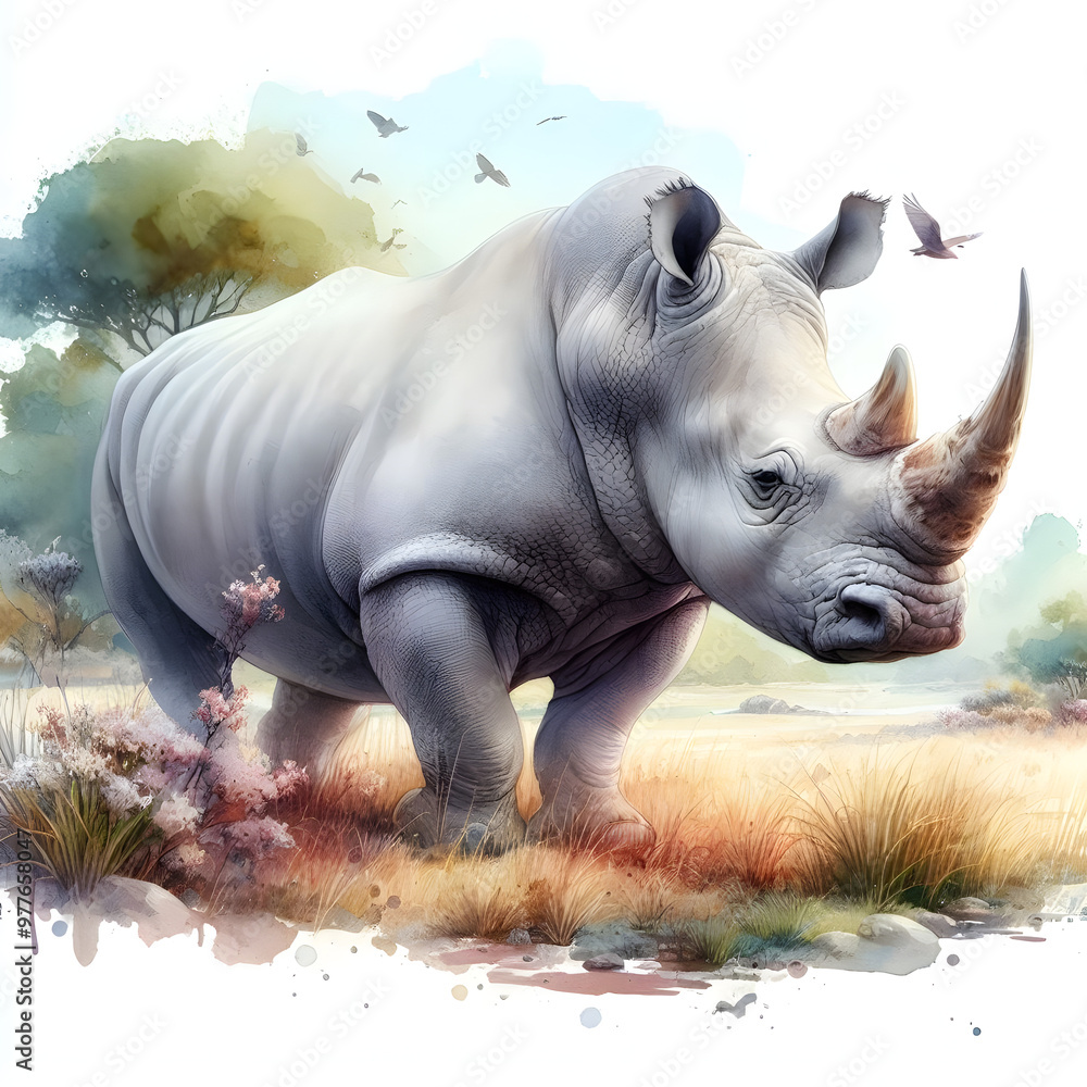 Fototapeta premium 코뿔소, 수채화 (Rhinoceros, water colour)