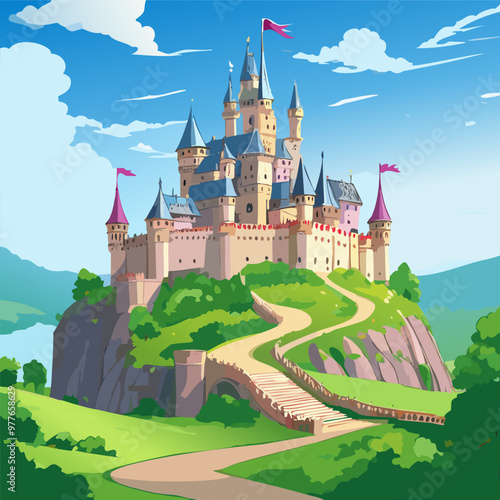 Medieval castle perched on a hill vector art illustration design
