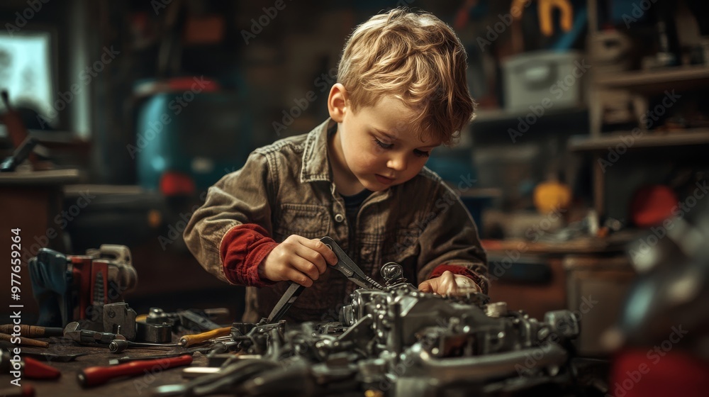 Portrait of child dressed as a mechanic, fixing a car engine in a garage, with tools spread around. Portrait of child dressed as a mechanic, fixing a car engine in a garage, with tools spread around.