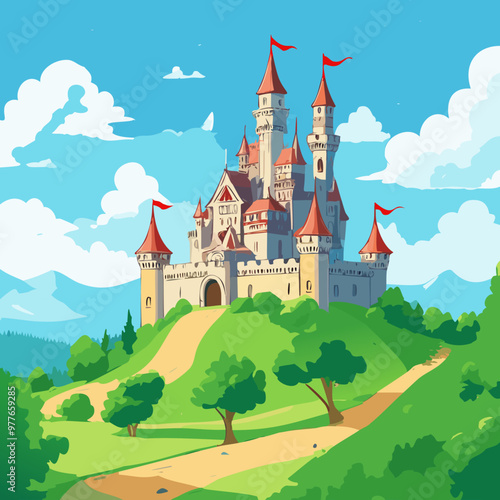 Medieval castle perched on a hill vector art illustration design