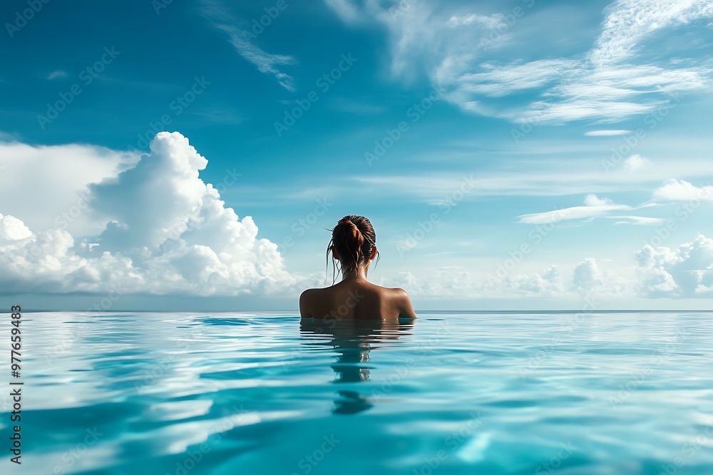 Woman Relaxing In Infinity Pool, Tranquility Concept, Clear Blue Sky Woman Relaxing In Infinity Pool, Tranquility Concept, Clear Blue Sky