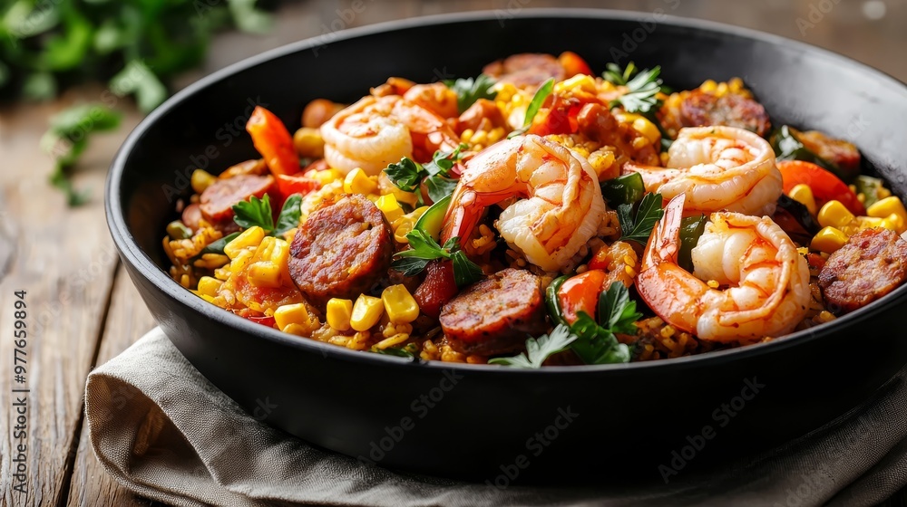 CloseUp of a Black Bowl Overflowing with Shrimp Sausage and Corn Jambalaya on Rustic Wood CloseUp of a Black Bowl Overflowing with Shrimp Sausage and Corn Jambalaya on Rustic Wood