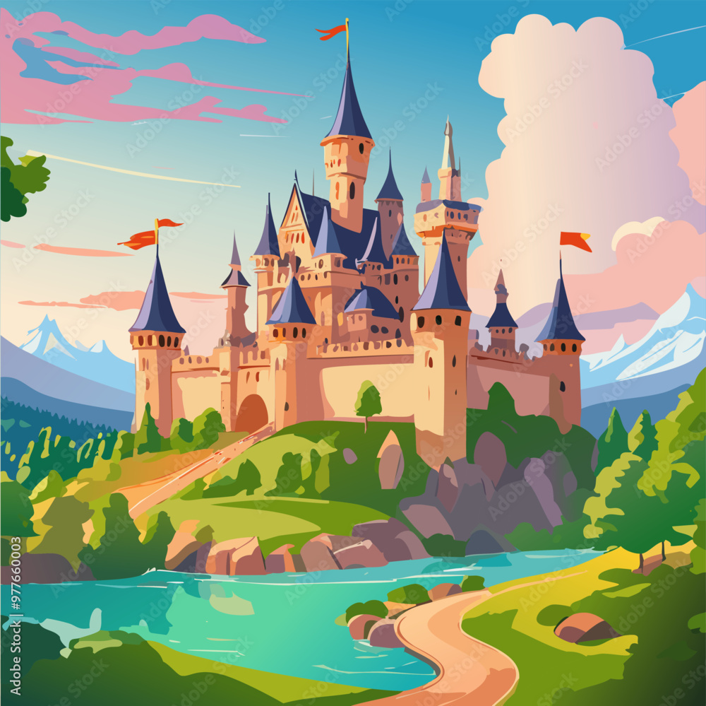 Medieval castle perched on a hill vector art illustration design Medieval castle perched on a hill vector art illustration design