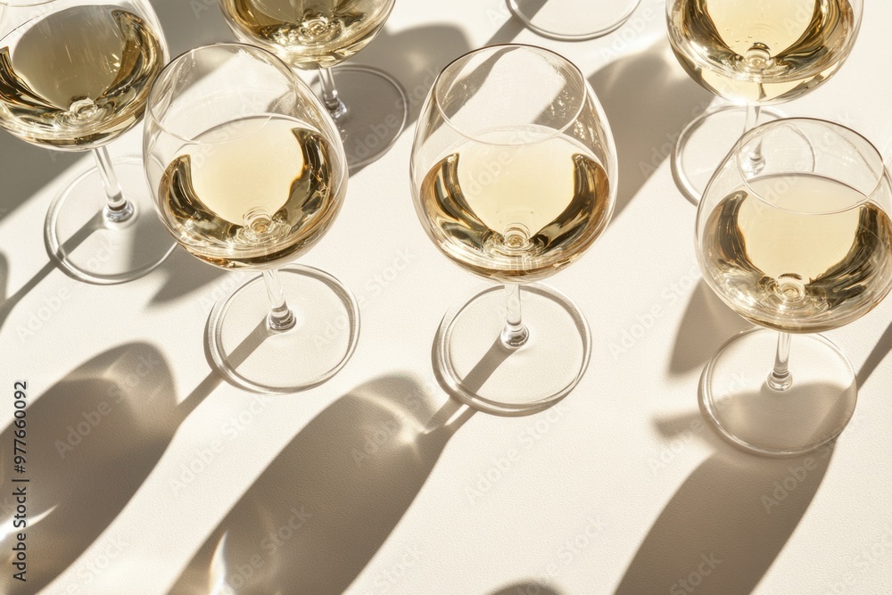 Elegant Wine Glasses with White Wine in Sunlight - Perfect for Celebrations and Dining Decor Elegant Wine Glasses with White Wine in Sunlight - Perfect for Celebrations and Dining Decor