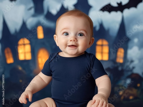 Baby bodysuit in front of a haunted castle background with glowing windows, stormy sky, and bats flying overhead, mysterious and dramatic